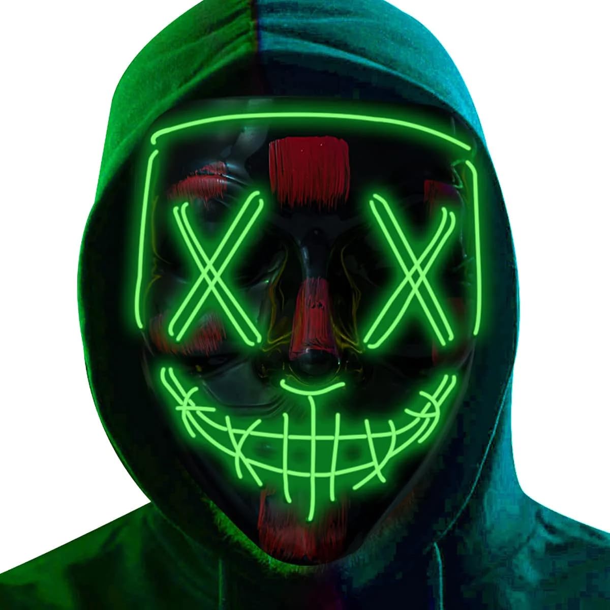 LED Stitched Purge Halloween Scary Mask Flashing Colourful Rave Full Face Silver Mask Cosplay Glow for Halloween Bonfire Guy Fox Night Festival Costume Party Decorations