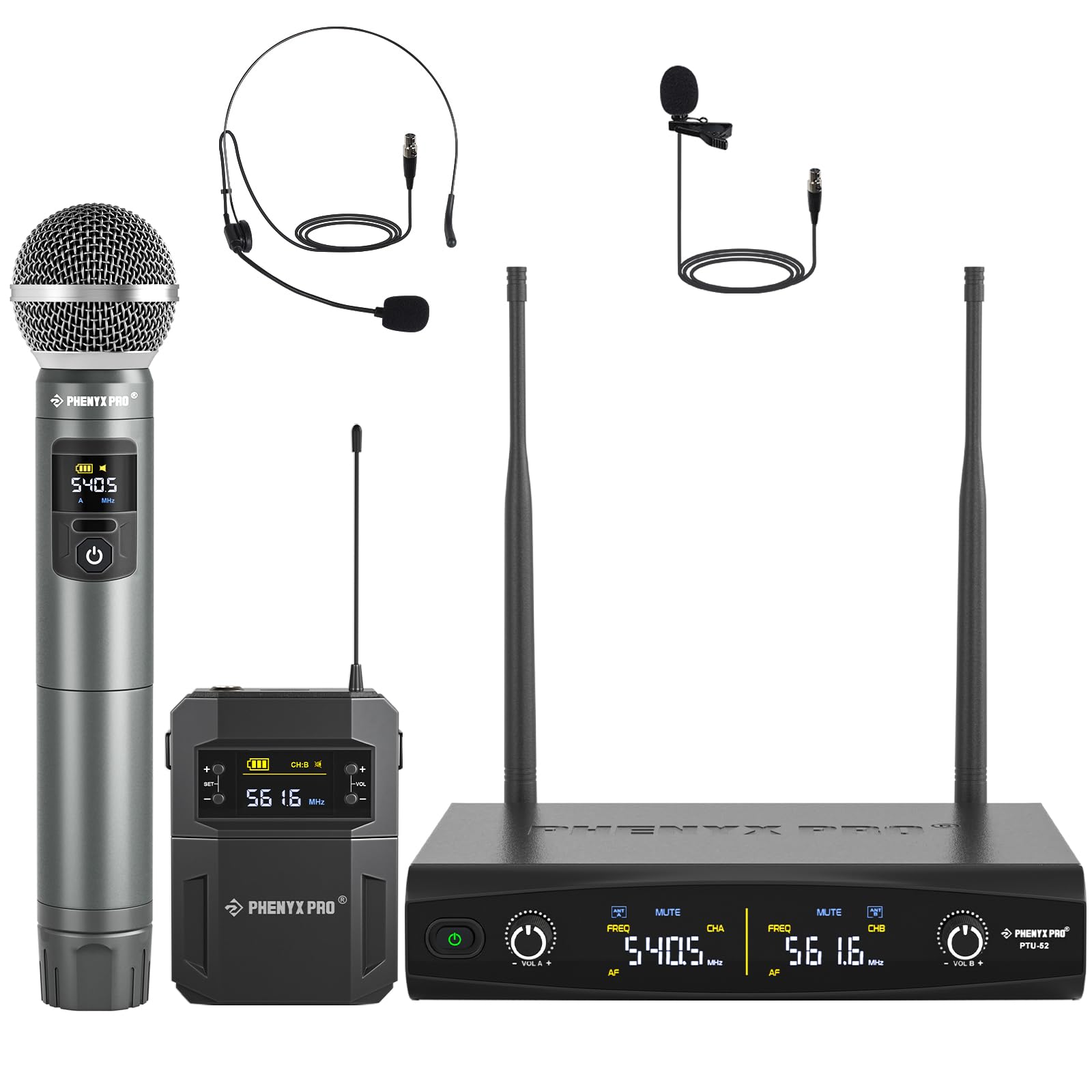 Phenyx Pro Wireless Microphone System, Metal Wireless Mic Set w/Handheld/Bodypack/Headset/Lapel Mics, 2x30 UHF Frequencies, 200 ft Range, Microphone for Singing, Karaoke, Church (PTU-52-1H1B)