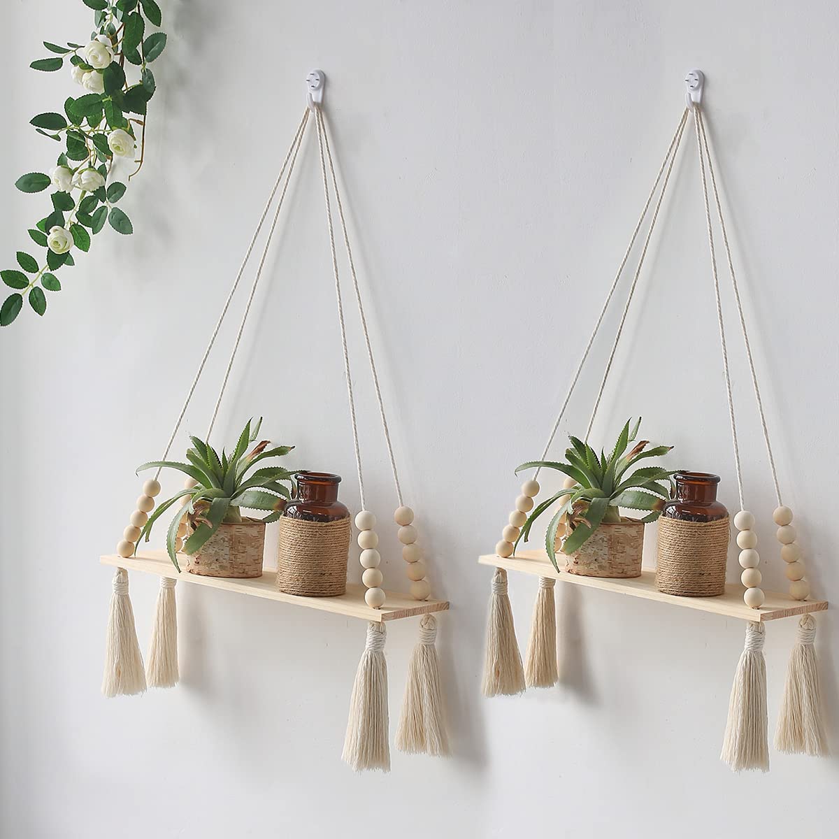 Dremisland Macrame Hanging Shelves Boho Wall Decor Set of 2 Rustic Wood Floating Storage Shelf Tassel Display Floating Shelves Wooden Storage Kitchen Wall Decor for Bedroom Living Room Nursery