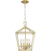 Untrammelife Gold Lantern Chandelier 4-Light Pendant Light Modern Hanging Pendant Light Fixtures in Brushed Brass Finish, Adj