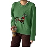 SweatyRocks Women's Cute Dog Graphic Long Sleeve Sweater Casual Crew Neck Loose Knit Pullover Tops