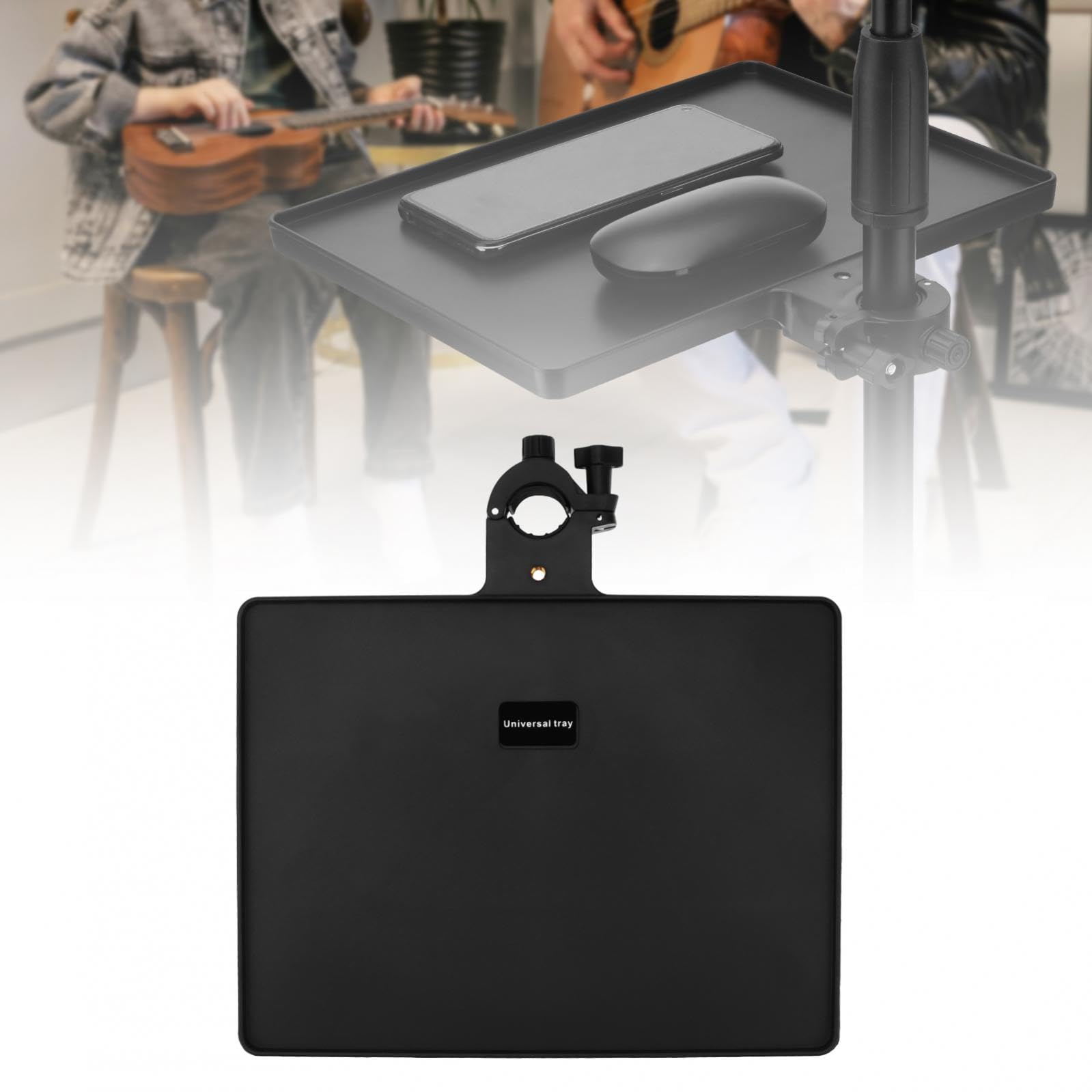 Photo 1 of RTNLIT Microphone Music Stand Tray, Adjustable Clamp On Rack Tray Holder with 7.7 Pound Weight Capacity, for Music Sheet, Singing, Stage, Audio Recording (10.6" x 8")