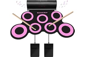 SUNKOO Electronic Drum Set, Roll-Up Drum Practice Pad Drum Kit with Headphone Jack Built-in Speaker Drum Pedals Drum Sticks 10 Hours Playtime, Great Holiday Birthday Gift for Kids (Pink)