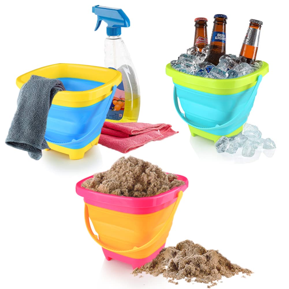 Shindel 3Packs Foldable Beach Bucket Set, 2L Silicone Collapsible Toy Buckets for Kids, Multi Purpose for Fun Summer Activities, Camping Gear, Beach Essentials, Easter Buckets