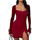 Kaximil Women's Sexy Bodycon Mesh Long Sleeve Square Neck Slit Party Short Mini Dress