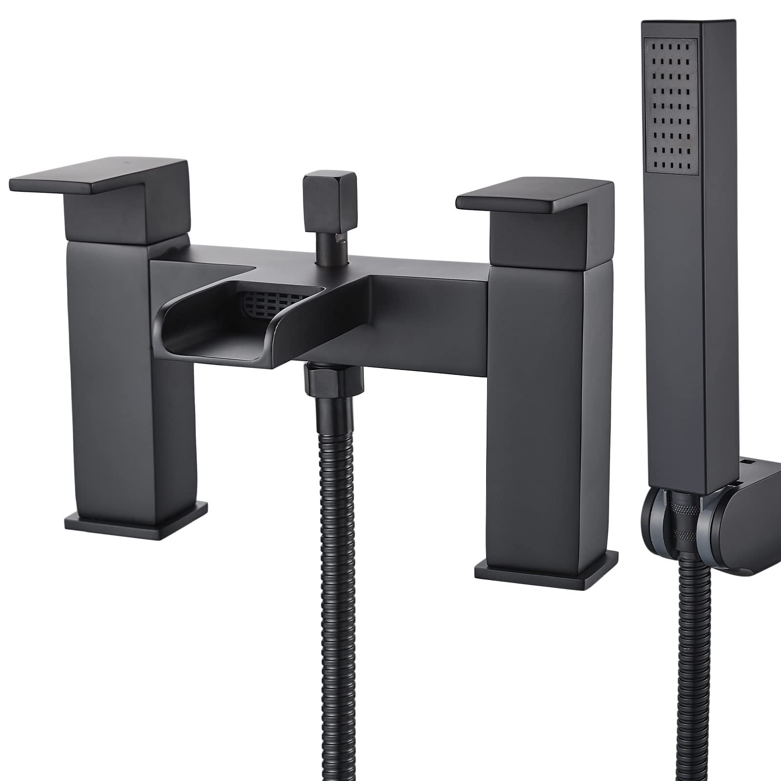 Luckyhome Bath tap with Shower Waterfall Bath Shower Filler Mixer Tub Tap Double Lever Chrome Solid Brass with Handheld Shower Head Faucet,Black