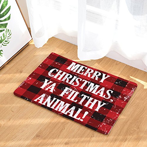 Merry Christmas Door Mats Rug Non-Skid Slip Rubber Indoor Outdoor Kitchen Entry, Rustic Red Black Buffalo Check Plaid Pattern, 18x30 Inch