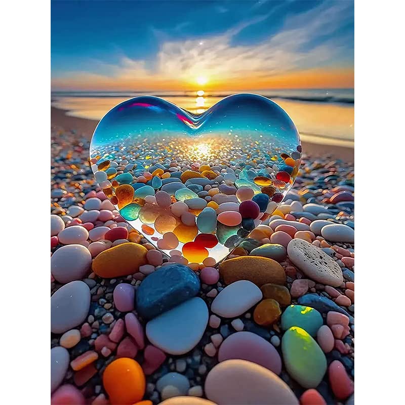 Diamond Art Kits Adults, Love Heart Stone 5D Diamond Painting Kits for Adults, Round Crystal Full Drill Diamond Painting Art,Landscape Painting Picture Arts Home Wall Decor(Beach 12x 16in)