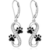 Paw Print Earrings Infinity Dog Paw Earrings for Women Sterling Silver Black Puppy Cat Paw Dangle Leverback Jewelry Valentines Mothers Day Christmas Gifts