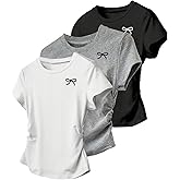 OYOANGLE Girl's 3 Piece Bow Graphic Short Sleeve Cute Shirts Set Ruched Slim Fitted Tee Tops Blouses