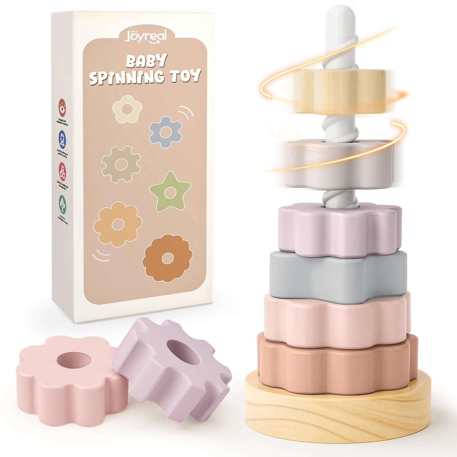 Joyreal Wooden Spinning Stacking Tower Toys - Rainbow Ring Stacker, Montessori Toys for 1 2 Year Old, Cause and Effect Toy for Autism, Sit and Spin Learning Toy for Babies