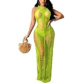 Women Sexy Halter Sleeveless Mesh See Through Crochet Maxi Long Dress Backless Knitted Beach Bikini Swimsuit Cover Ups
