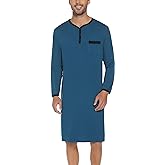 Yukiuiny Men Long Sleeve Nightshirt Knee Length Nightgown Cotton Sleep Shirt Lounge Wear With Chest Pocket