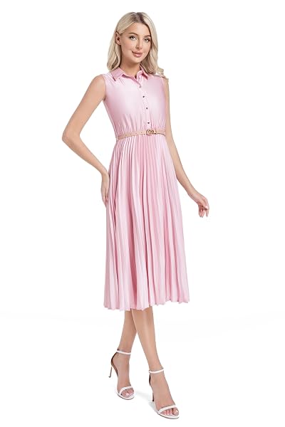 ABLETREE WOMEN’S SATIN MIDI DRESS SLEEVELESS ELEGANT SHIRT COLLAR PLEATED A LINE DRESS WITH BELT FOR OFFICE WORK BUSINESS CASUAL WEDDING GUEST PARTY BLUSH PINK