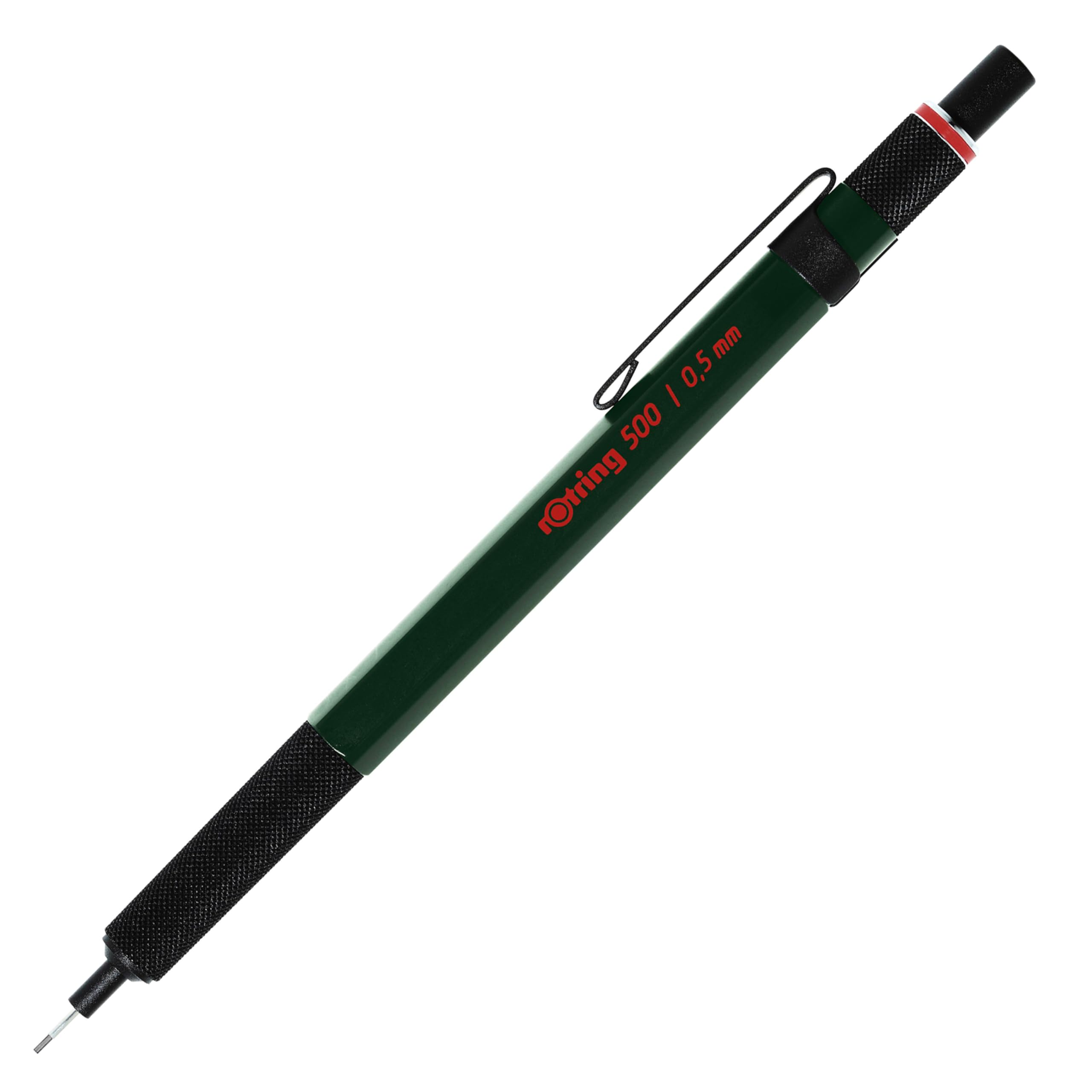 rOtring 500 Mechanical Pencil | 0.5mm HB Lead | Green hexagonal plastic barrel and non-slip textured metal grip