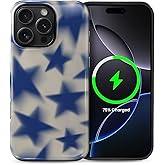 ilikediy for iPhone 16 Pro Case [Compatible with Magsafe] Pattern Design Case for Women Girls Hybrid 2 Layer Hard Shell Silicone Protective Magnetic Cover,C Retro Blue Stars