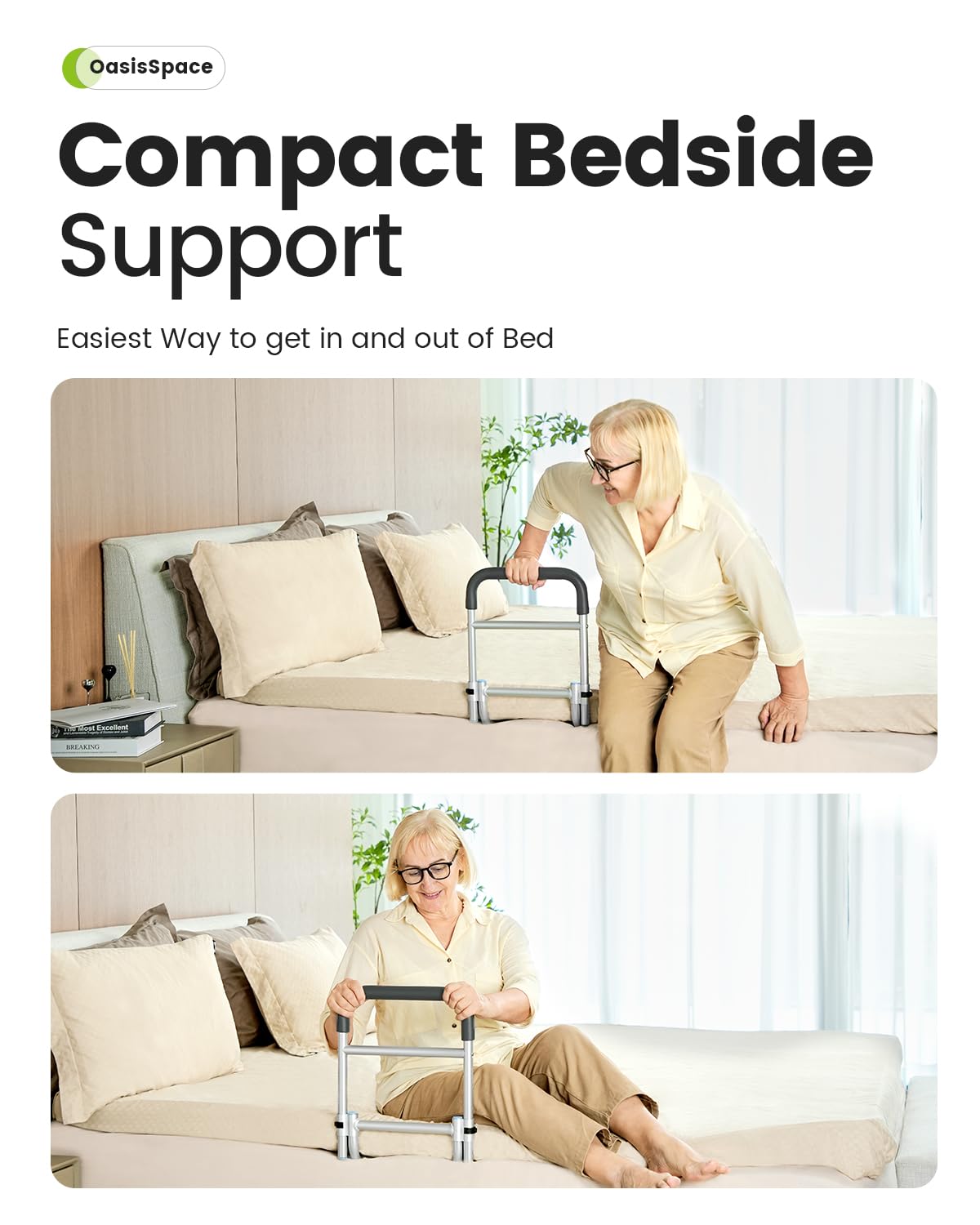 OasisSpace Bed Rail Bedside Fall Prevention Grab Bar Mobility Aid for Elderly Seniors, Handicap Adjustable Adult Bed Rail Cane fits King, Queen, Full, Twin Stability Standing Bar Handle