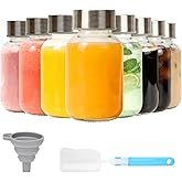 Luxfuel 6 oz Small Clear Glass Bottles with Lids, 8 Pack Glass Juice Bottles with Stainless Steel Cap & 1 Funnels for Juicing, Milk,Ginger, Wellness & Drinks Jars Containers, Leak-Proof Travel Bottle