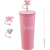 Juicy Couture 6-Piece Tumbler Gift Set With 24oz Stainless Steel Tumbler With Reusable Straw, 3 Straw Toppers and Cleaning Brush, Pink