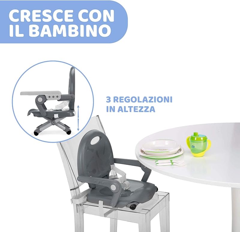 Pocket Snack Rialzo Sedia per Bambini 6 Mesi-3 Anni (15 kg), Seggiolino Pappa Alzasedia da Tavolo Portatile Seggiolone Da Viaggio Chiusura Compatta, Vassoio Rimovibile, Grigio