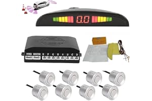 TOTMOX Car Reverse Parking Radar System 8 Reversing Sensors Kit with Front and Rear Alarm Buzzer Reminder LED Display Safe Driving, Car Parking Sensor, Silver