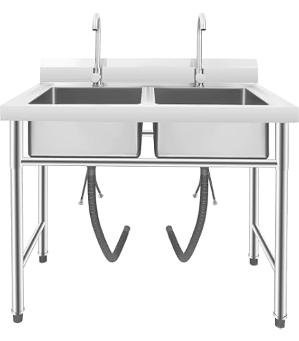 Stainless Steel Freestanding Double Bowl Utility Sink – 47.2" X 19.7" X 31.5", 15.5" Bowls, Wire-Drawn Finish – For Commercial Kitchens, Restaurants, & Garages