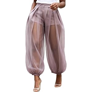 NRTHYE Women Sheer Mesh Patchwork High Waist Balloon Lantern Pants | Mesh cover up jogger pants,Built in shorts,Pleated baggy