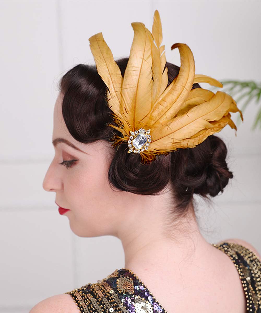 Anglacesmade 1920s Flapper Feather Hair Clip Crystal Roaring 20s Headpiece Masquerade Gatsby Hair Jewelry for Women and Girls