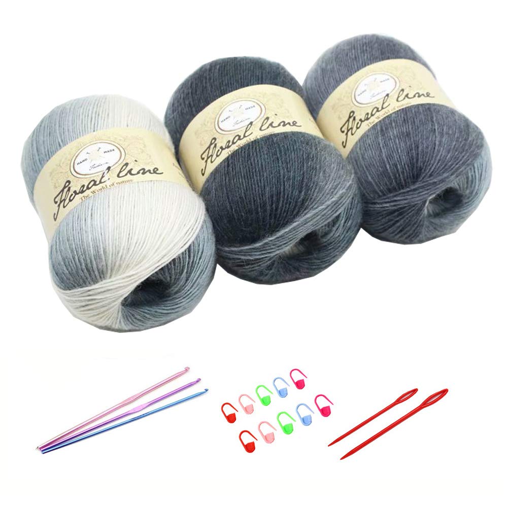 3X 100g Rainbow Wool Yarn Balls Chunky Knit Double Pom Pom Coloured Chunky Wool with 3 Crochet Hooks, 2 Needles, 10 Crochet Locking Stitch Markers for Beginners (220)