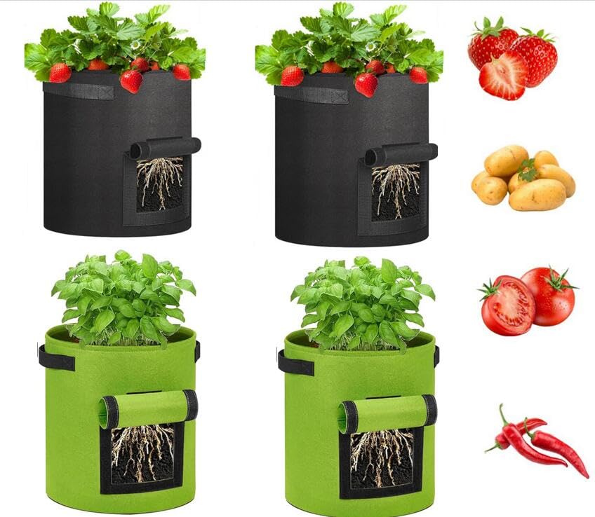Hitopin 4 Pieces Potato Planting Bags, 7 Gallon Planting-bags, Potato Growing-Bag with Stable Handles, Vegetable Growing-Bags, Tomato Plant Bag for Tomatoes, Potatoes, Carrots (Black, Green)