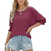 Elesomo Women's Tops 3/4 Sleeve Dressy Casual Crewneck Batwing Loose Fitting T Shirts