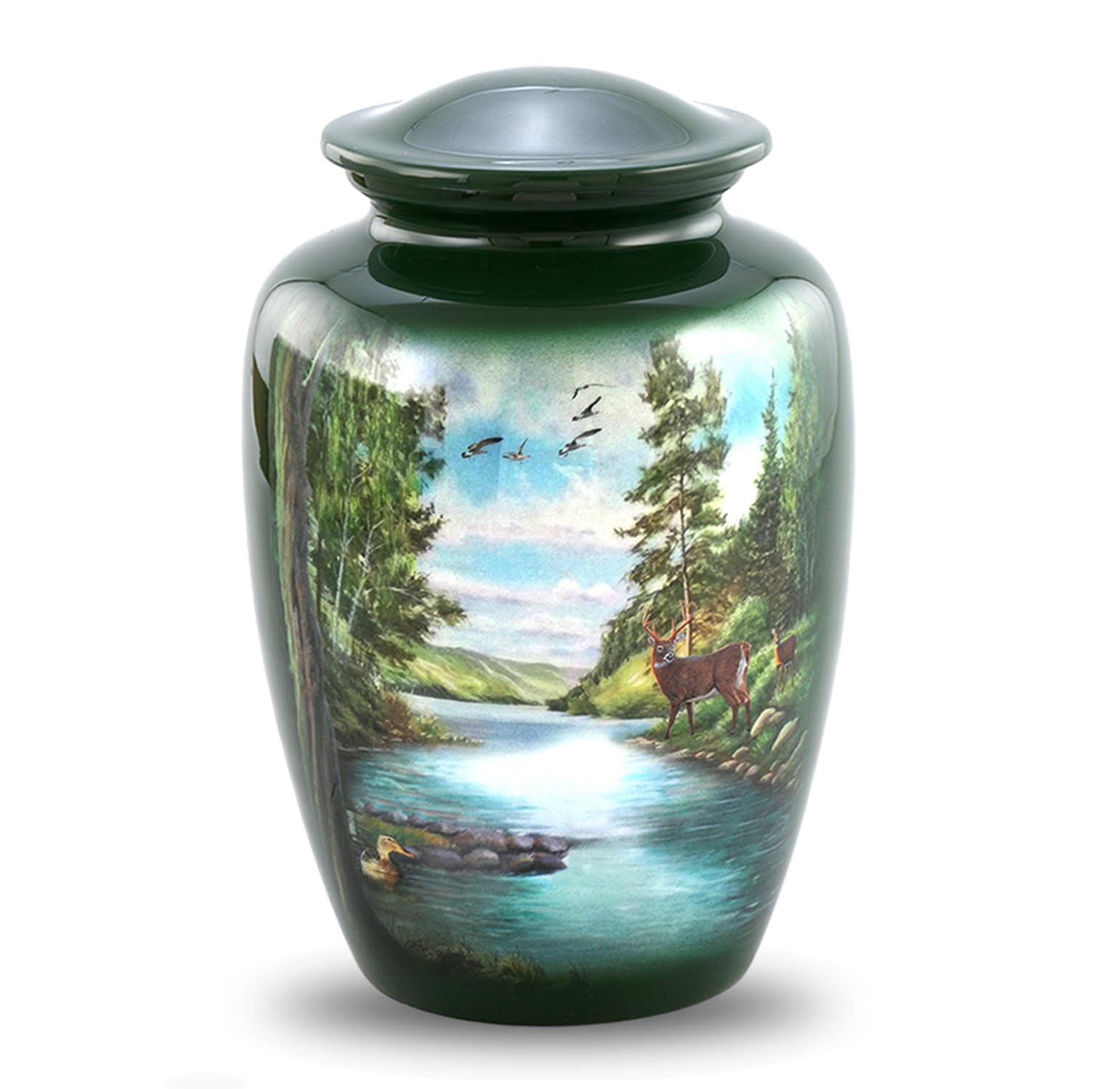 Deer Urn, Deer Cremation Urn for Ashes, Adult Hunting Buck Urns, Hand Painted Memorial Forest, Flying Birds Handmade Cremation with Velvet Bag (Large) — image 1