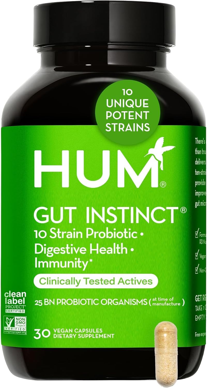HUM Gut Instinct Daily Probiotics for Women and Men, Digestive Health, Lactobacillus, Bifidobacterium Strains for Immune Support, Probiotic Supplement for Healthy Gut Diversity, 30 Capsules