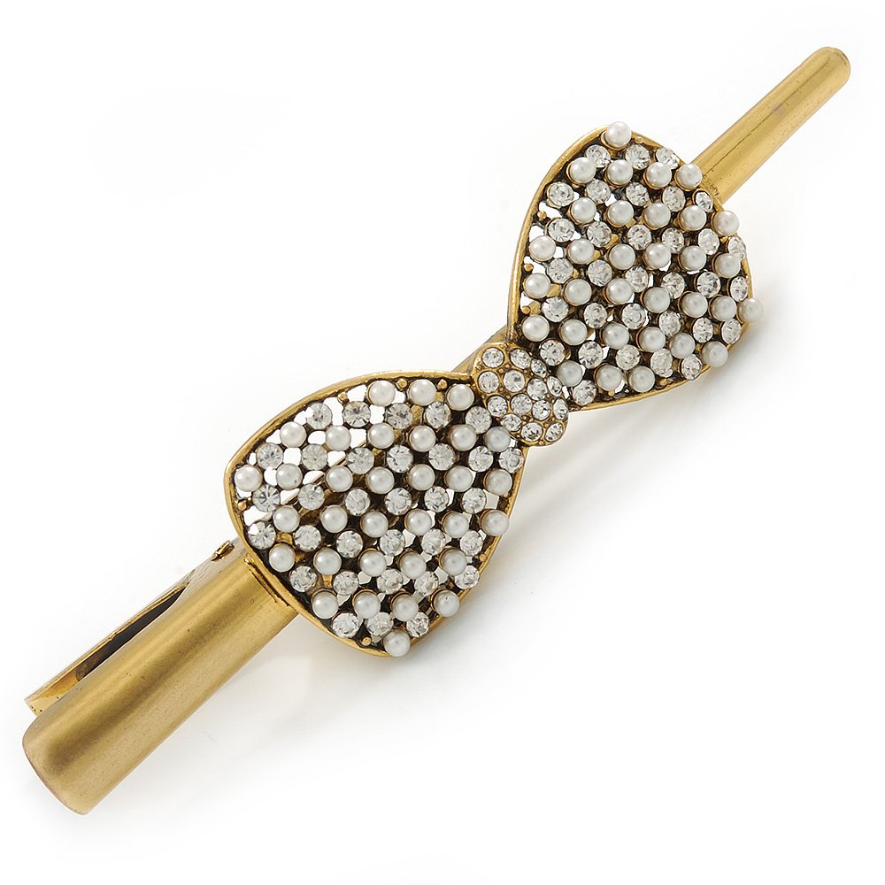 Vintage Inspired Gold Tone Clear Crystal, Glass Pearl Bow Hair Beak Clip/Concord Clip - 11.5cm Length