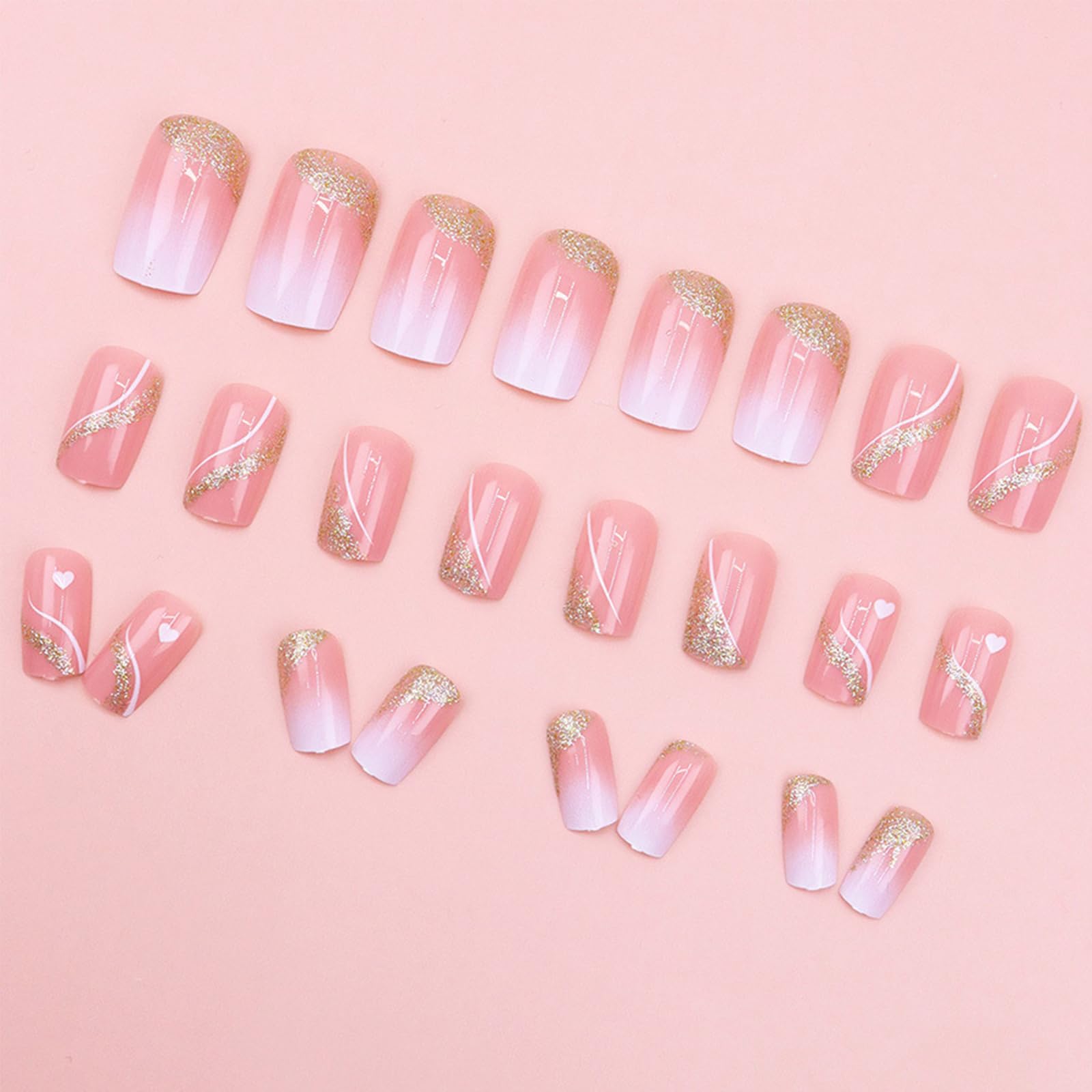 Press on Nails Medium Square Fake Nails Gold Glitter False Nails with Design Heart Curve Glue on Nails Gradient Pink Full Cover Acrylic Stick on Nails Reusable Artificial Nails for Women Manicure Kit - Image 4