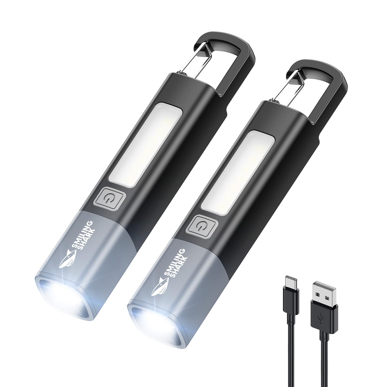 Smiling Shark Torches, G1 2 Pack Small Torch USB Rechargeable LED Super Bright Waterproof with Side Light & 3 Modes & 2-in-1 Zoomable Mini Powerful Flash Lights with Hook for Camping/Emergency, Black