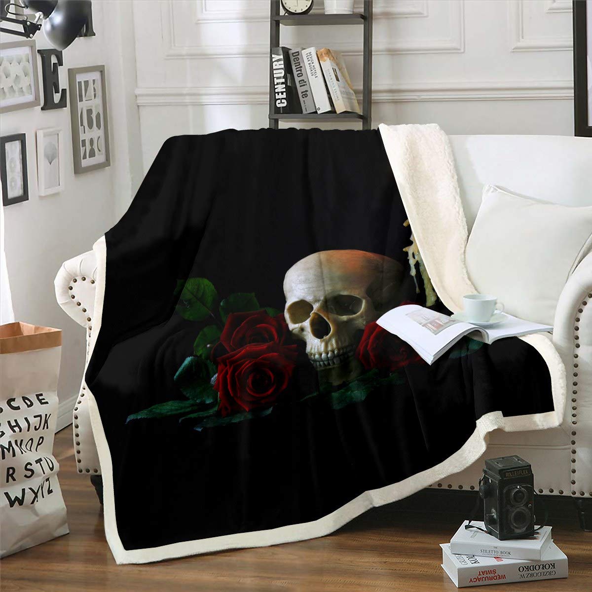 Loussiesd Rose Skull Fleece Throw Blanket - Halloween Themed Sherpa Plush Fuzzy Blanket for Sofa Couch Bed - Adult Skull Pattern - 60"x79"