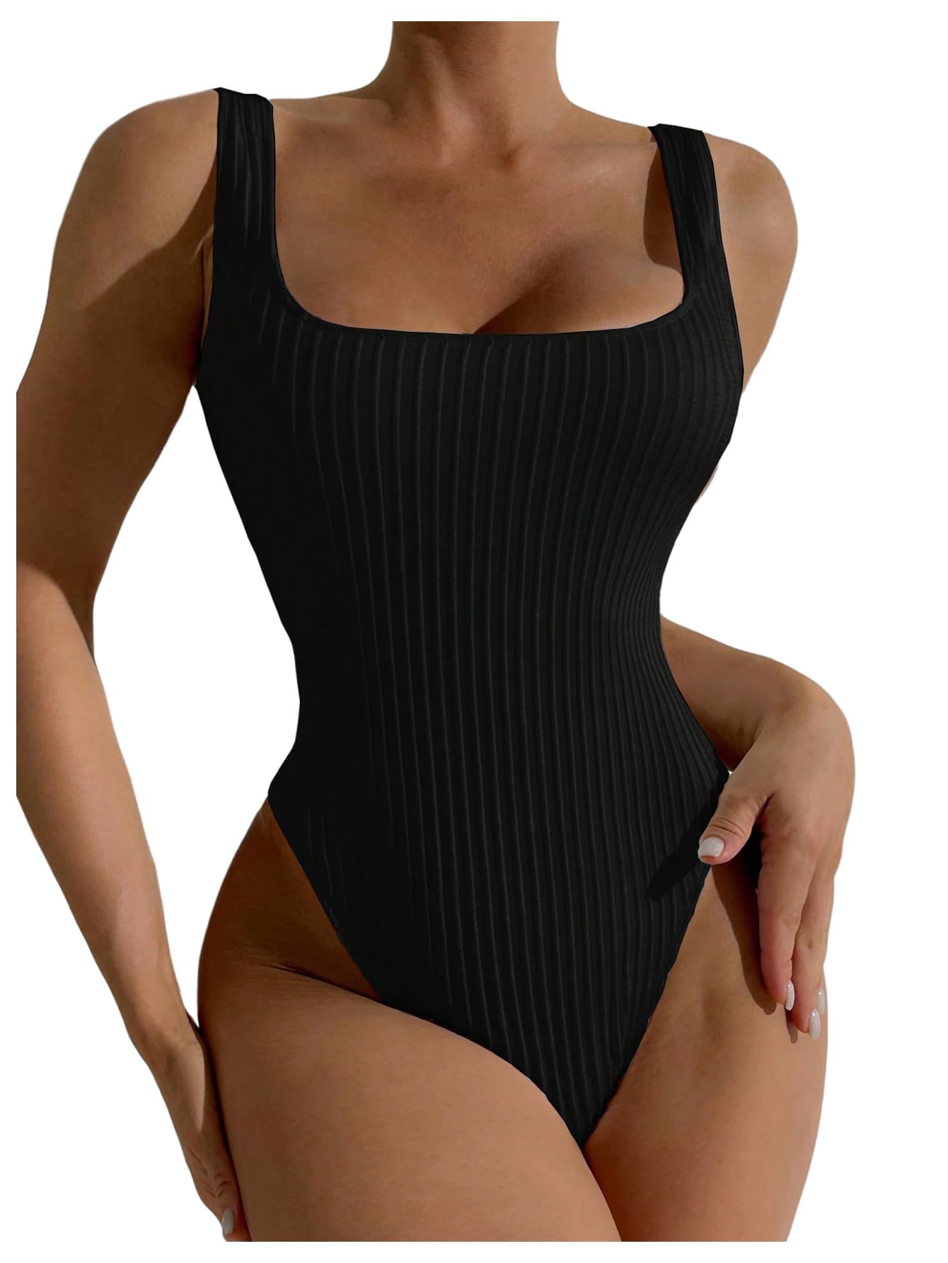 Photo 1 of OYOANGLE Women's Textured One Piece Swimsuit Tie Back Cut Out Bathing Suit Modest Swimwear Black Large