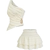 MakeMeChic Women's Plus Size 2 Piece Summer Outfits One Shoulder Ruched Lace Tank Top and A Line Mini Skirt Sets