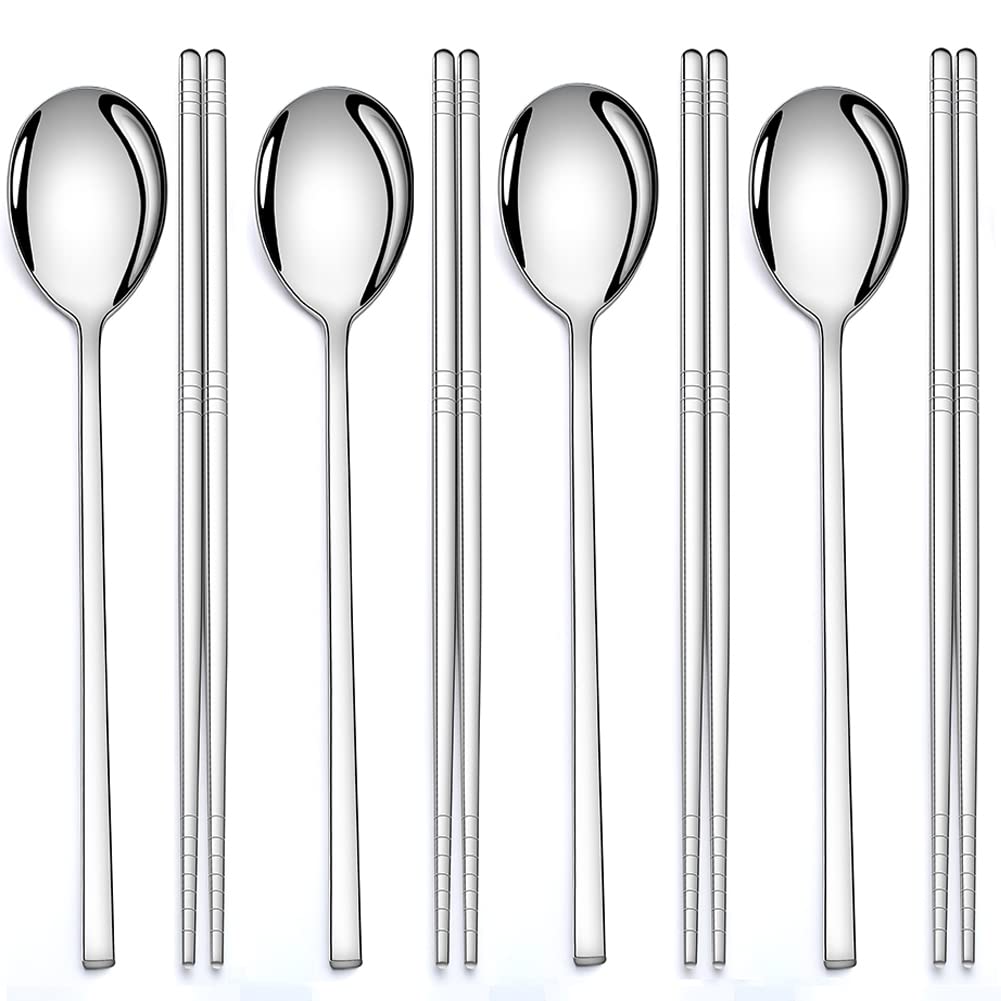 AOOSY 4 Pairs Chopsticks and 4 Spoons Set Korean Stainless Steel Chopsticks Spoons, Kitchen Reusable Metal Flat Long Handle Chopstick Spoon Set for Home, Kitchen or Restaurant