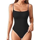 MANGOPOP Women's Cami Thong Bodysuit Double Lined Square Neck Backless Body Suit Adjustable Spaghetti Strap Tank Tops