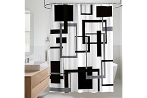 Black and White Shower Curtain, Black Grey Geometric Fabric Shower Curtain Set, Abstract Mid Century Modern Minimalist Waterp