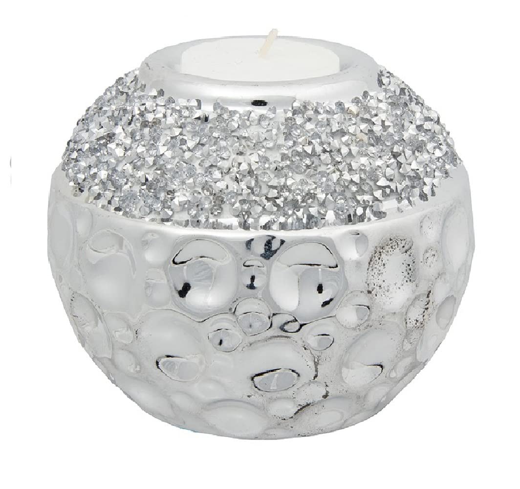 Sparkle Tea Light Holder | Diamante | 1 Piece | Silver | ‎11 cm x 11 cm x 9 cm