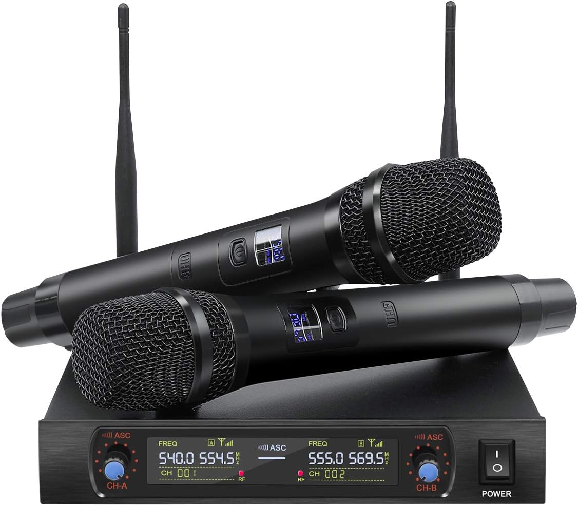 NASUM Handheld Wireless Microphone System Upgrade Version with UHF Dual Channel Dual Karaoke Wireless Microphone LCD Display Professional KTV Set for Party,Meeting,Karaoke,Classroom
