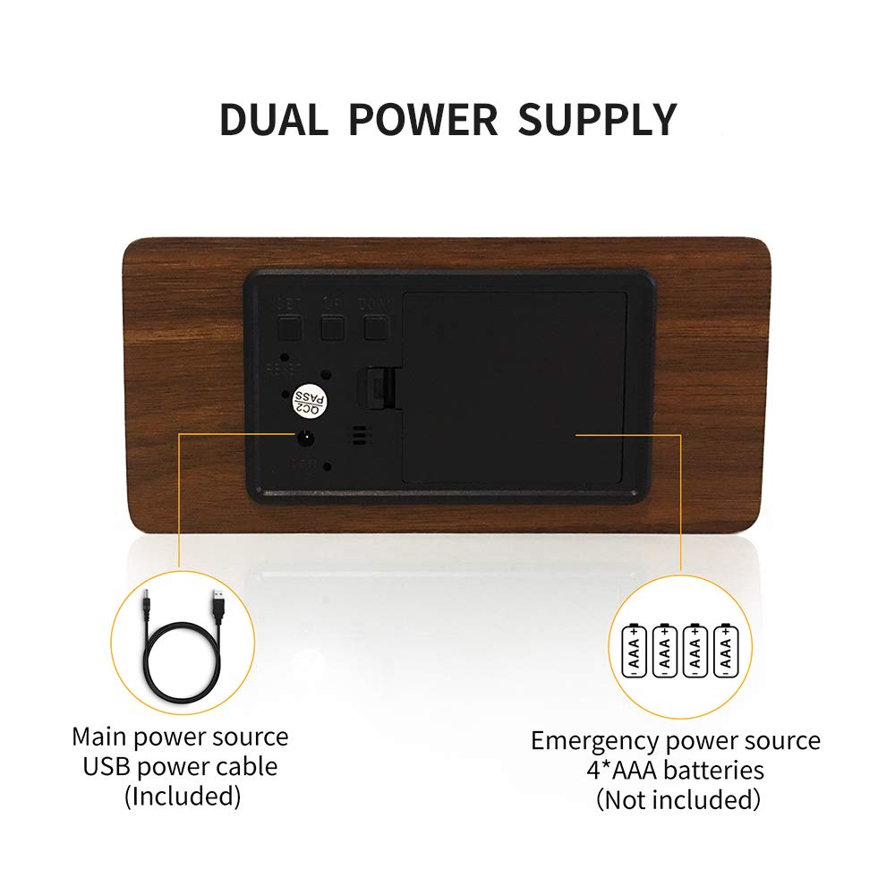 Digital Alarm Clock, LED Clocks with Display Temperature, 3 Alarm Settings, 3 Adjustable Brightness, Sound Control, Wood Alarm Clocks for Bedrooms, Brown