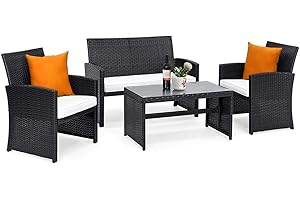 Goplus 4-Piece Rattan Patio Furniture Set, Outdoor Wicker Conversation Sofa with Weather Resistant Cushions and Tempered Glass Tabletop for Lawn Backyard Pool Garden (White(Black Wicker))