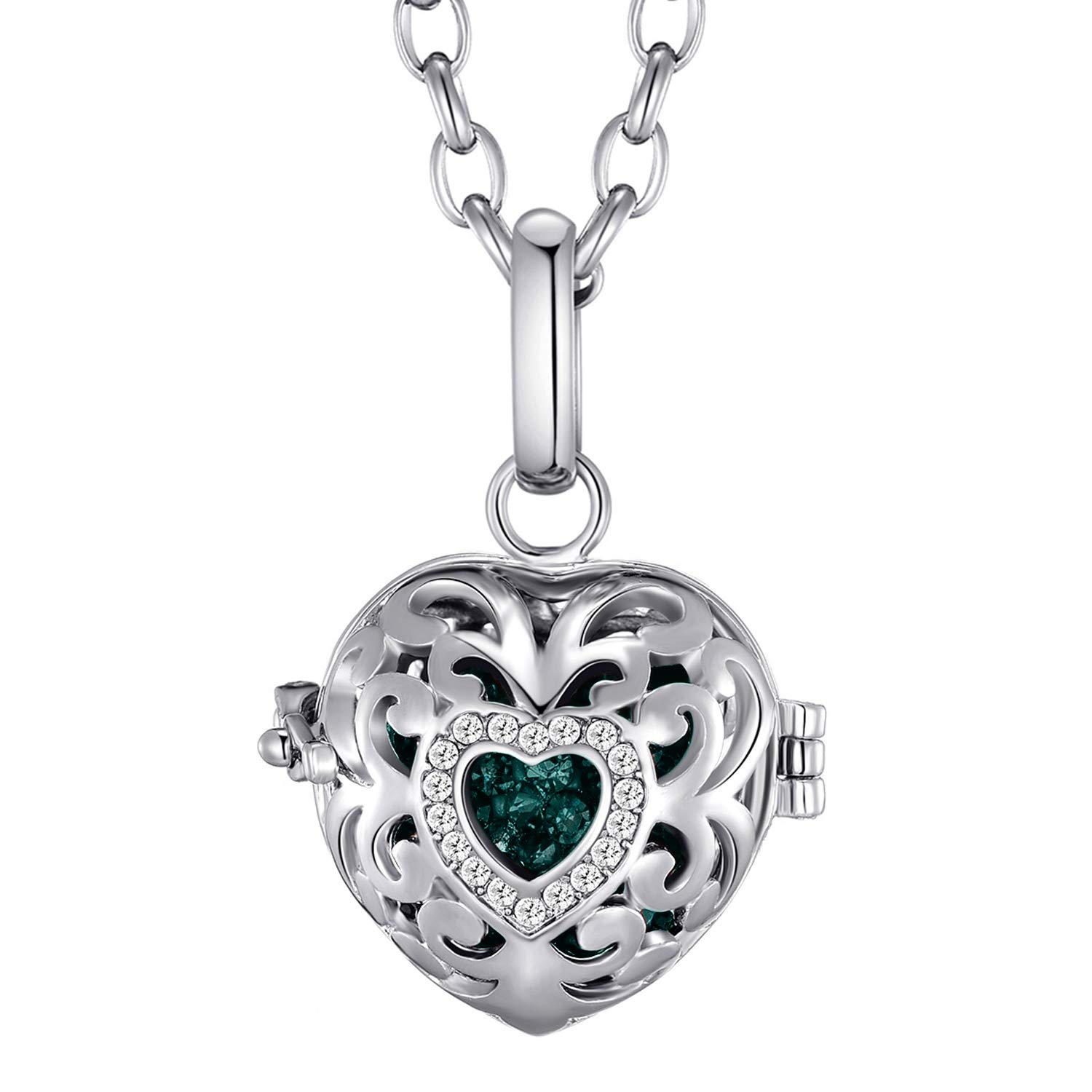 Morella Women Necklace Stainless Steel 70 cm 27,5" with Love Heart Pendant with Sound Ball Zirconia Dark Green Ø 16 mm 0,63" in a velvet jewelry bag — image 1