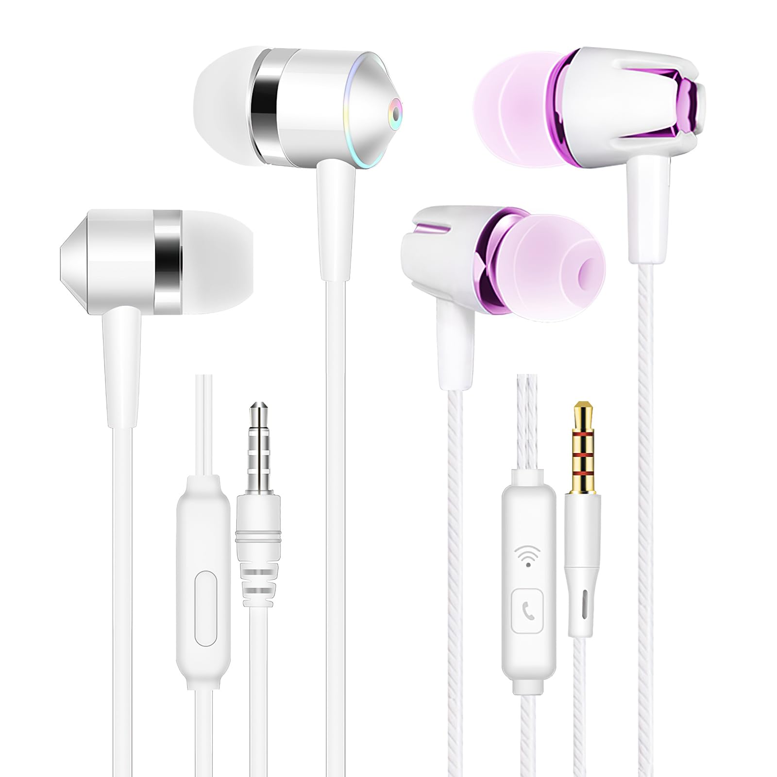 View 1 of 2 Pack Wired Headphones with Microphone, in-Ear Earbuds 3.5mm Audio Jack, White & Rose Red, Tangle-Free TPE Cable, Noise Control, Authentic Sound, Deep Bass, Lightweight Ergonomic Fit