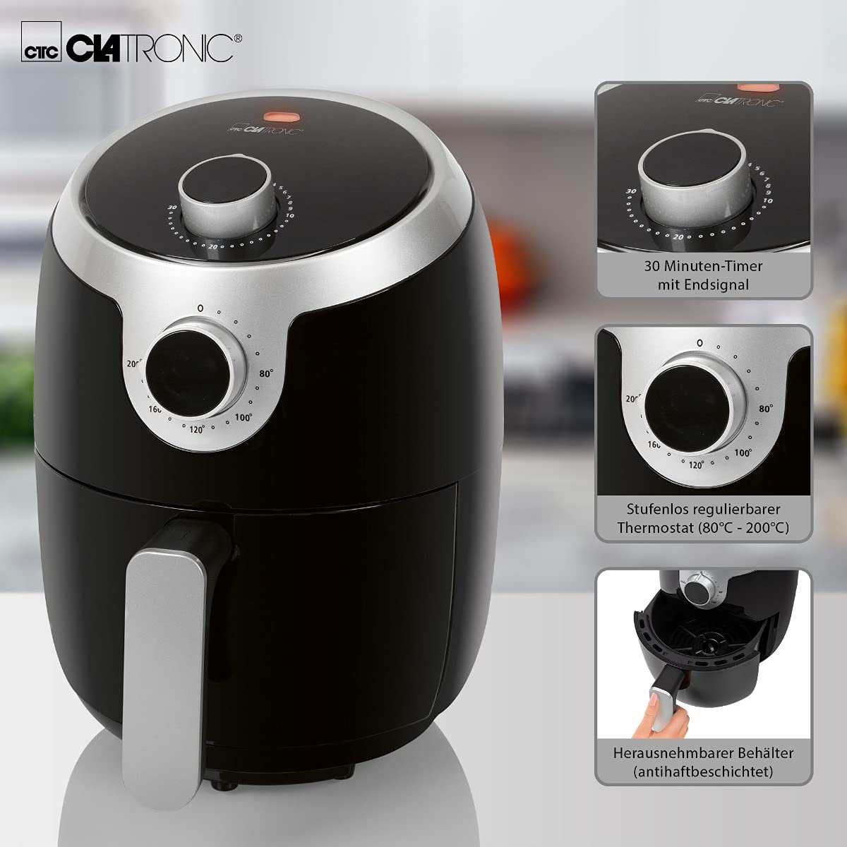 Clatronic Heißluftfritteuse mit 360° Air-Flow | Öl- und fettfreies Frittieren | Airfryer 80°C - 200°C | Heissluftfritteuse 2,5L | Air Fryer mit Abschaltautomatik & Überhitzungsschutz | FR 3816 H 6