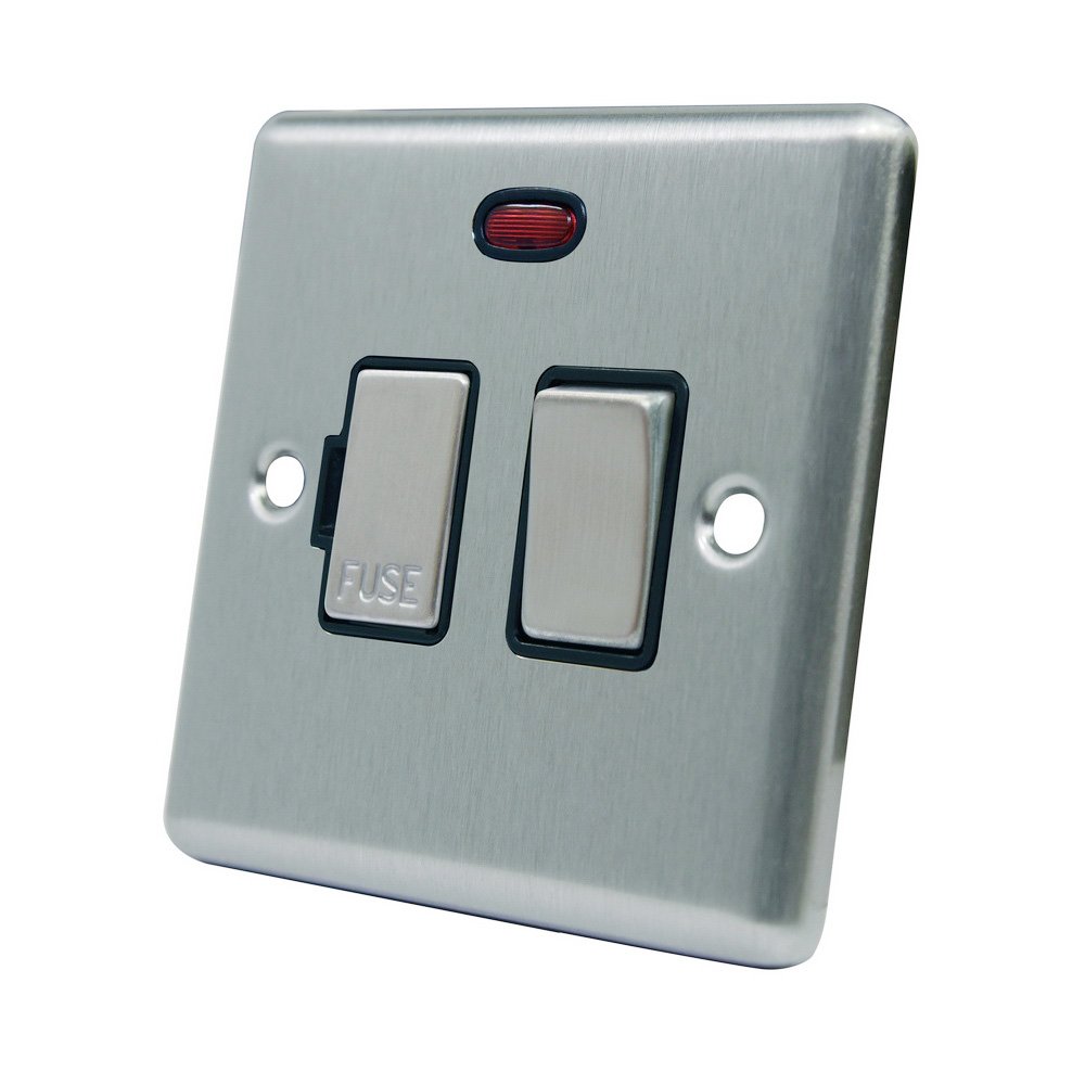 AET CSCSFNBS 13 A Satin Finish Chrome Classical Switched Fused Spur Connection Unit with Black Insert Metal Rocker Switch and Neon Indicator